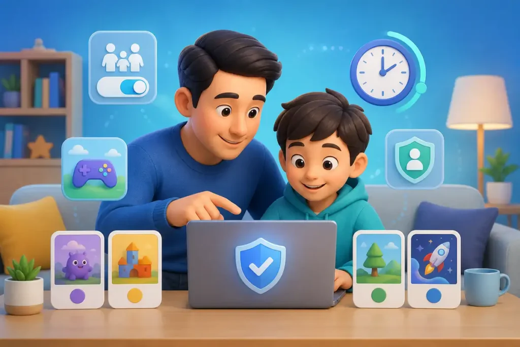 Orang tua mendampingi anak memilih game online aman dengan kontrol keluarga dan batas waktu