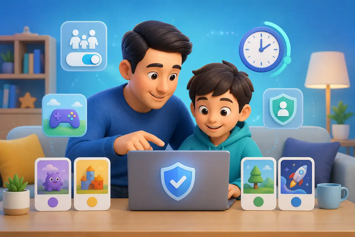 Orang tua mendampingi anak memilih game online aman dengan kontrol keluarga dan batas waktu