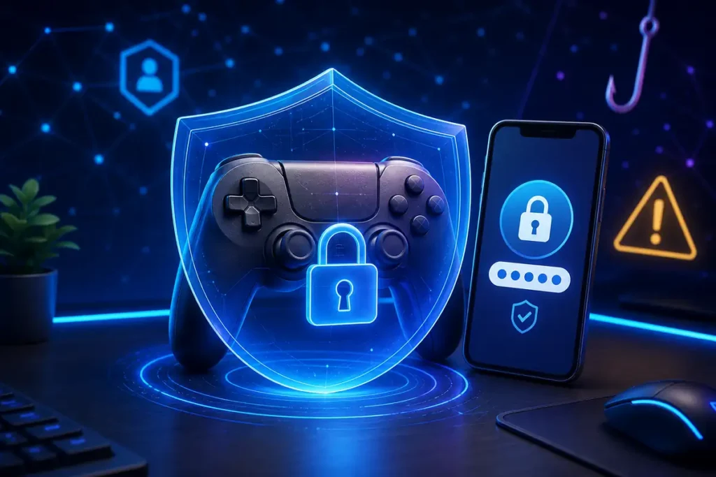 Ilustrasi perlindungan akun game online dengan perisai, gembok, dan verifikasi dua langkah