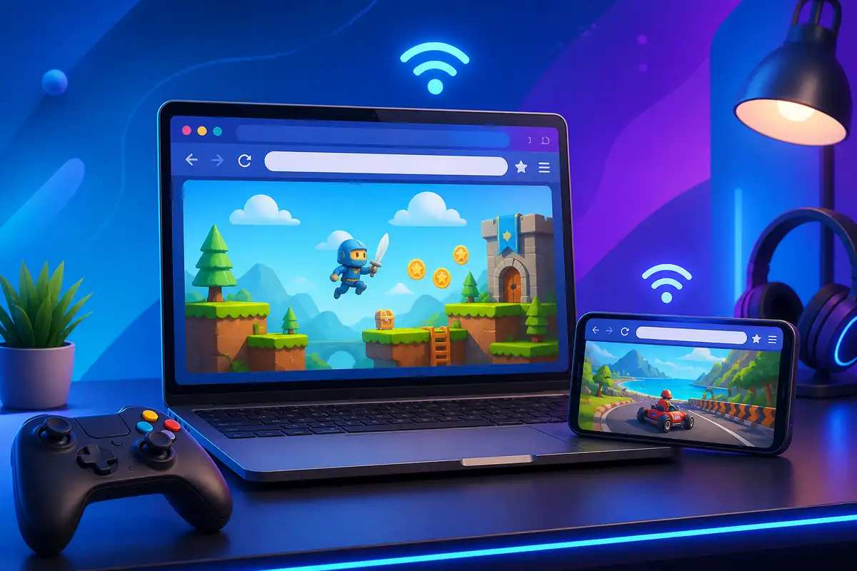 Ilustrasi game browser tanpa download yang dimainkan melalui laptop dan HP