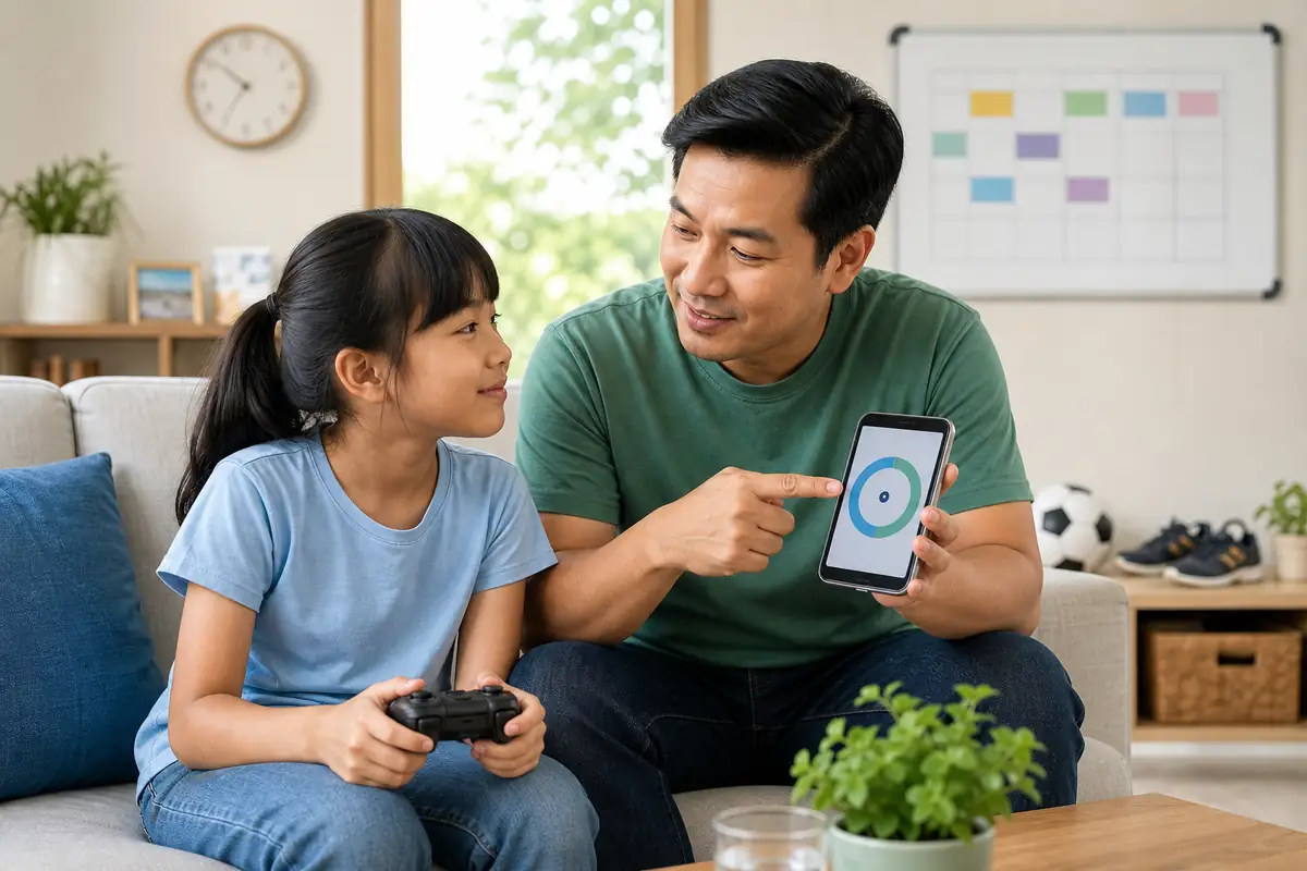 Orang tua mengatur batas waktu bermain game anak menggunakan jadwal keluarga dan kontrol perangkat