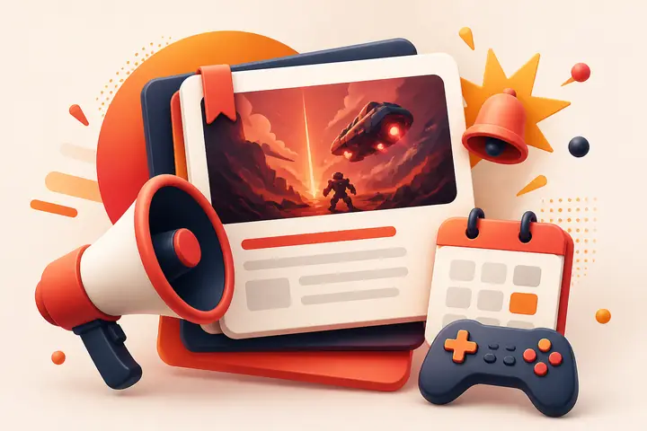 Ilustrasi megafon, kalender, dan kabar permainan untuk kategori Berita Game Gotobet88