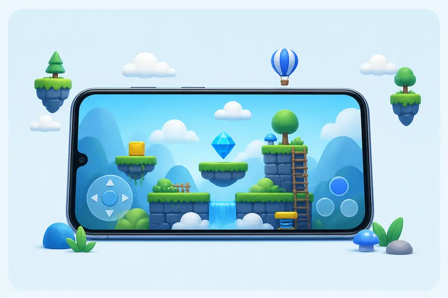 Ilustrasi ponsel dengan dunia game platform untuk kategori Game Mobile Gotobet88