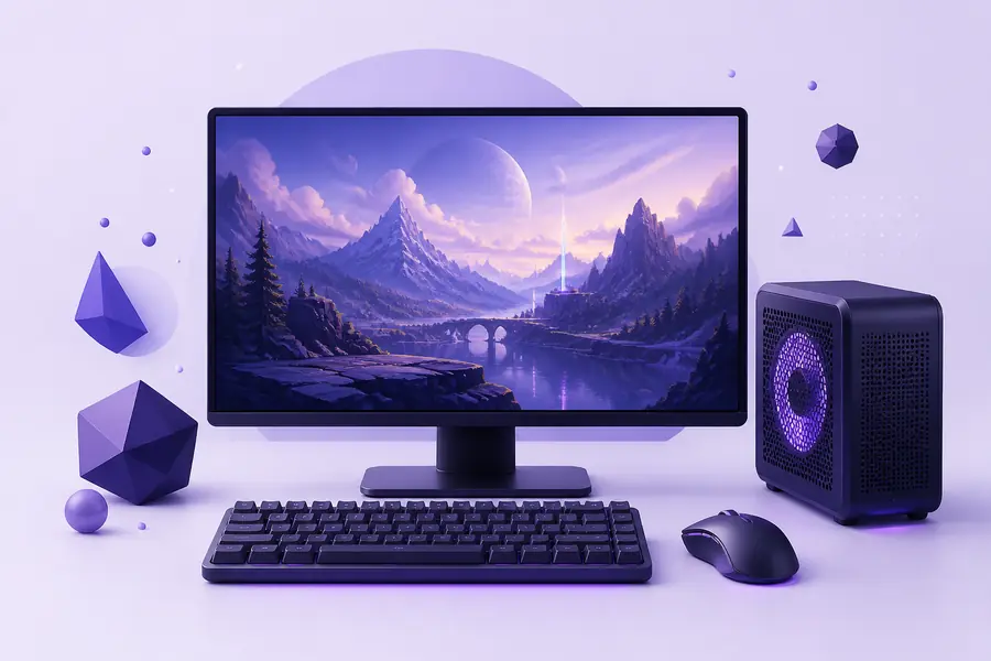 Ilustrasi komputer gaming dengan pemandangan petualangan untuk kategori Game PC Gotobet88