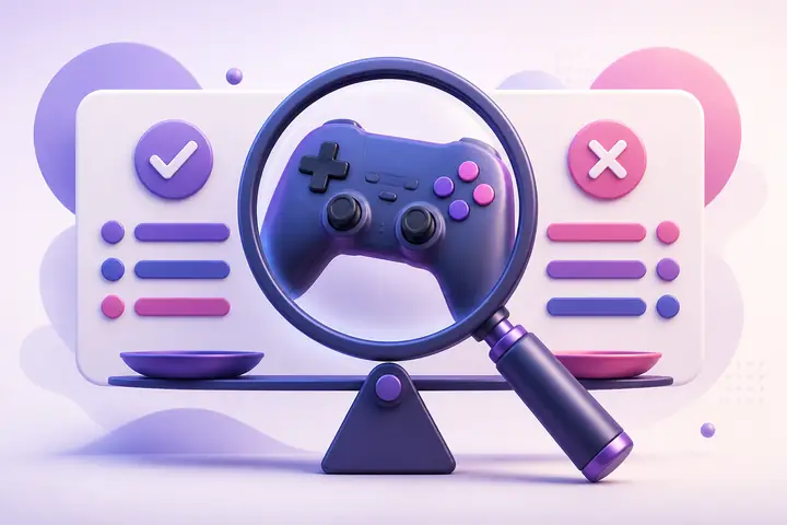 Ilustrasi kaca pembesar yang mengevaluasi kontrol permainan untuk kategori Ulasan Game Gotobet88