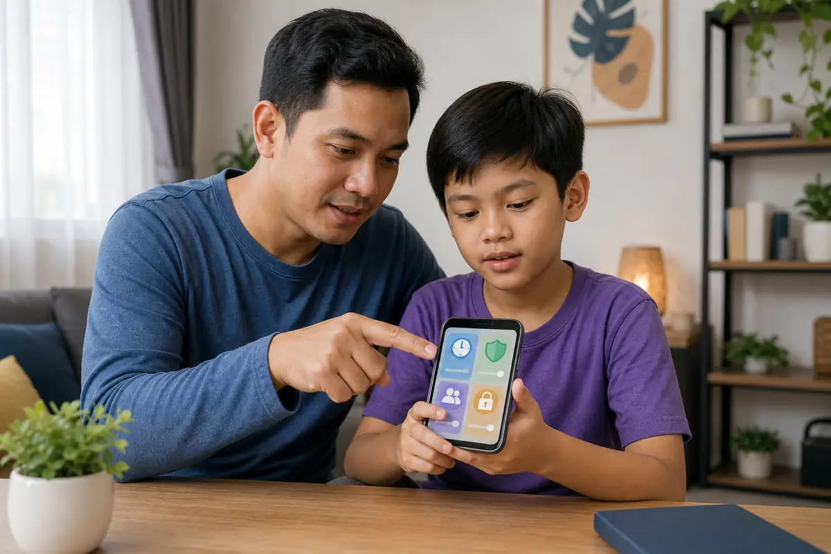 Orang tua mengatur kontrol game anak, batas waktu, dan persetujuan pembelian di ponsel