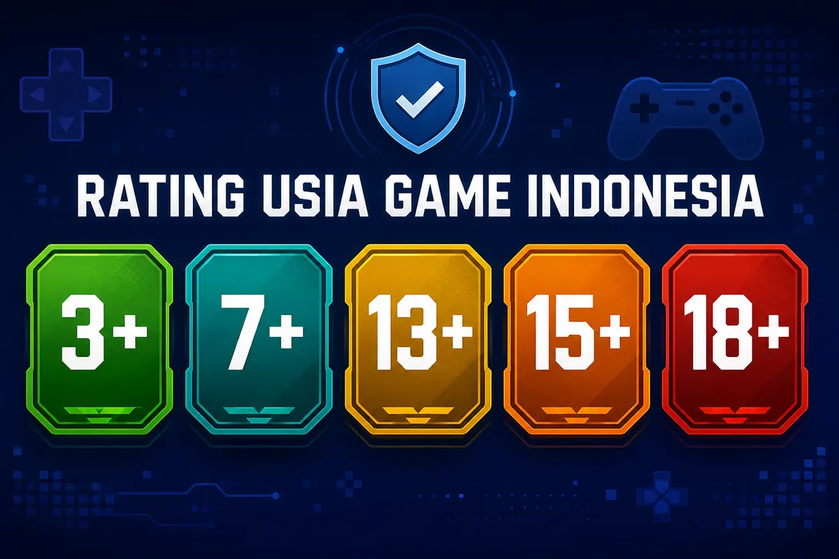 Infografik rating usia game Indonesia 3+, 7+, 13+, 15+, dan 18+ untuk panduan orang tua
